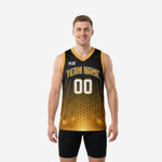 Size and specification chart for custom black and gold sublimated basketball jerseys available in youth and adult sizes