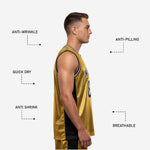 Back view of black and gold basketball jersey showing player name placement above back number in sublimated print