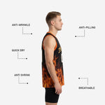 Back view of the custom black and gold basketball jersey displaying the player name above the back number with flame pattern across the lower back panel