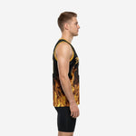 Front view of custom black and gold basketball jersey showing gold armhole binding and flame pattern rising from the hem