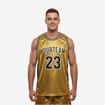 Black and gold basketball jerseys with metallic gold front panel, black side panels, and arced team name above front number 23