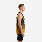 Black and gold basketball jerseys with sublimated hex fade pattern, gold armhole binding, arched team name, and front and back numbers shown on adult male model