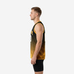 Custom black and gold basketball jersey front view showing black to gold gradient hex pattern and gold scoop neckline binding on adult male model