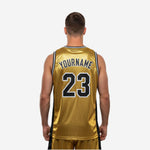 Opposite side view of custom gold basketball jersey for teams showing armhole binding and athletic sleeveless cut