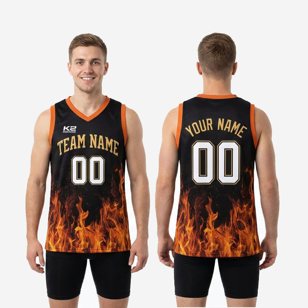 Season Long Custom Black and Gold Basketball Jerseys - Orange Flame