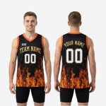 Size and spec chart for the custom black and gold flame sublimated basketball jersey showing youth and adult sizing measurements