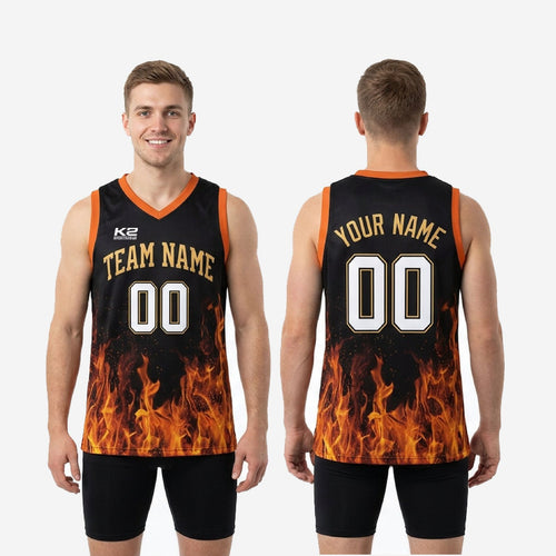 Size and spec chart for the custom black and gold flame sublimated basketball jersey showing youth and adult sizing measurements