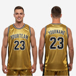 Size and specification chart for custom black and gold basketball jerseys in youth and adult sizing