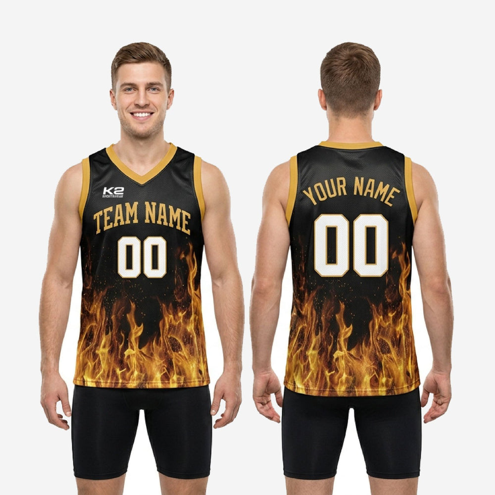 Custom Black and Gold Basketball Jerseys with Your Logo - Flame
