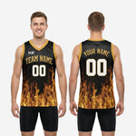 Size and spec chart for custom black and gold basketball jerseys available in youth and adult sizing
