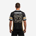 Right side view of custom black and gold football jersey showing set-in sleeve cut and straight hip hem