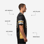 Back view of black and gold football jersey showing back number placement and nameplate area for player name