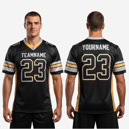 Size and specification sheet for black and gold sublimated American football jerseys in youth and adult sizes
