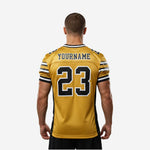 Left side view of black and gold football jersey showing sleeve cap stripe detail and straight hem length on adult player