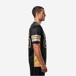 Side view of black and gold custom football jersey showing gold mesh side panel and three-stripe sleeve band in silver and gold