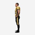 Opposite side view of gold and black sublimated american football uniform showing sleeve cuff band detail and matching black pant with gold outer leg stripe