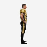 Side view of custom black and gold football uniform showing black raglan side panel on gold jersey and wide gold side stripe running full length of black football pants