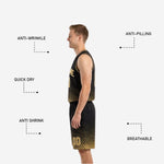 Back view of black and gold reversible basketball uniform showing back number and name sublimated print zones