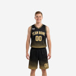Black and gold reversible basketball uniforms front view showing dot-fade hex pattern on black side with gold team name and number 00
