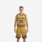 Gold and black reversible basketball uniforms front view showing dot-fade hex pattern on gold side with black team name and number 00