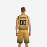 Gold side view of reversible basketball uniform showing side panel and matching shorts leg dot-fade hex pattern