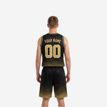 Side view of black and gold reversible basketball uniform showing V-neck and armhole binding construction detail