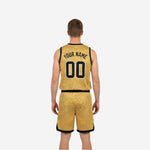 Side view of the black and gold reversible basketball jersey showing armhole binding and side panel topographic-contour detail