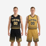 Size and specification sheet for black and gold reversible basketball uniform sets in youth and adult sizing