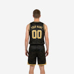 Size and specification sheet for the custom black and gold reversible basketball uniform set showing youth and adult sizing run