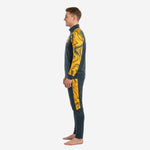 Custom graphite and Athletic Gold marble soccer tracksuit side profile, tapered pants and stand collar jacket