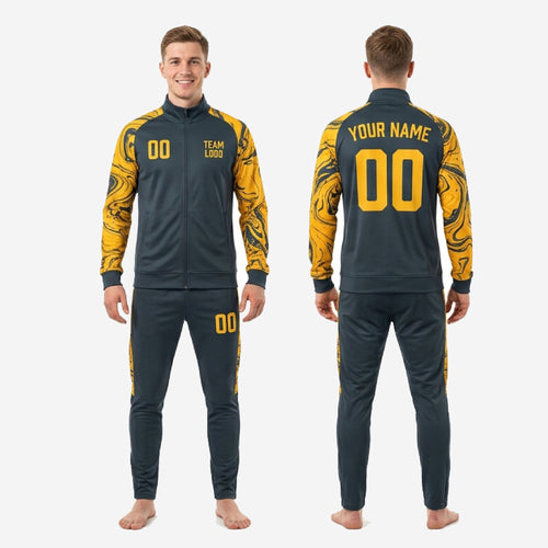 Full 2-piece black and gold soccer tracksuit set back view with player name and number print
