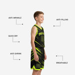 Back view of black and gold youth basketball uniform displaying player name and number placement on sublimated jersey