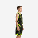 Front view of custom black and gold youth basketball uniform set with neon lime-gold team name and number 00 on chest