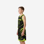 Left side view of black and gold sublimated youth basketball jersey and matching shorts set with diagonal slash pattern