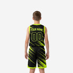Right side view of custom boys black and gold basketball uniform showing matching jersey and shorts diagonal design