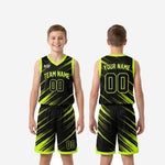 Size and specification sheet for custom black and gold youth basketball uniform set in full sublimation polyester