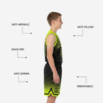 Back view of custom black and gold youth basketball uniform showing player name and number on jersey back and matching halftone dot shorts