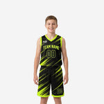 Custom black and gold youth basketball uniforms showing full front and back view with neon diagonal slash sublimation and V-neck binding