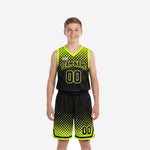 Custom black and gold youth basketball uniforms with halftone dot fade pattern, team name arc and front and back numbers, full set front and back view