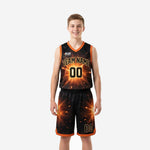 Black and gold youth basketball uniforms full set front view showing spark burst sublimation pattern team name and number 00 on jersey and shorts
