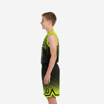 Side view of custom black and gold youth basketball uniform showing sleeveless V-neck jersey armhole binding and matching shorts with neon trim at hem