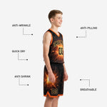 Size and specification chart for black and gold custom youth basketball uniforms available in full youth size run for roster orders