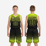 Size and specification sheet for custom black and neon yellow-green youth basketball uniform set showing youth size run for full roster ordering