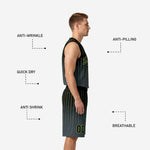 Back view of black and green basketball uniforms with player name and number sublimated in neon green on charcoal gradient jersey