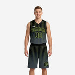 Black and green basketball uniforms with neon green pinstripes and charcoal gradient, front view showing team name and number on sleeveless jersey and matching shorts