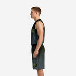 Left side view of black and green basketball uniform set with charcoal gradient and neon green vertical pinstripes on matching shorts