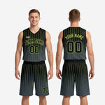 Size and specification sheet for custom black and green basketball uniform set showing youth and adult sizing options