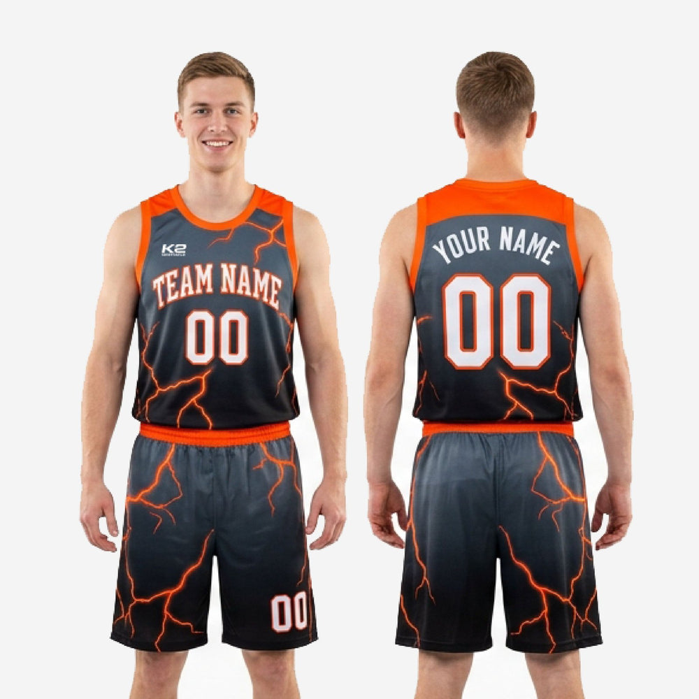 Sublimated Custom Black and Orange Basketball Uniforms - Lightning