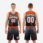 Size and specification sheet for black and orange sublimated basketball uniform set showing youth and adult sizing options for team orders