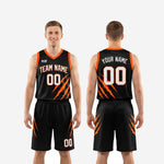Size and specification sheet for custom black and orange basketball uniforms showing youth and adult size run
